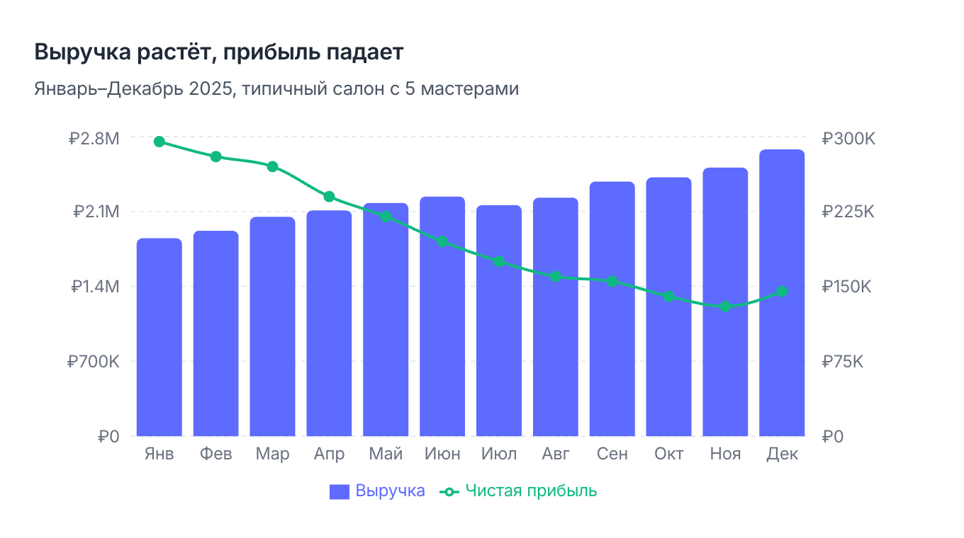 Выручка и чистая прибыль помесячно: выручка растёт, прибыль падает